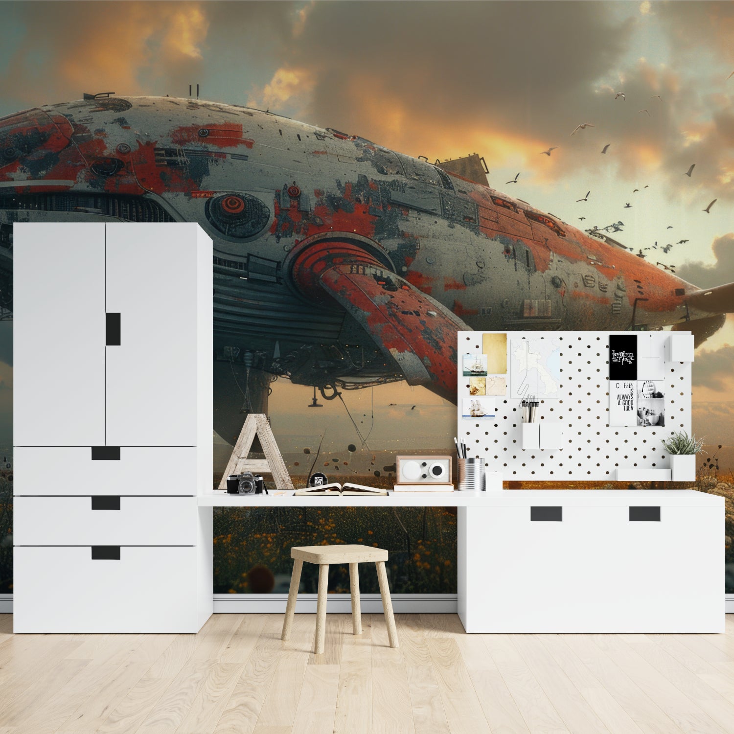 Mountain sky airplane wallpaper creating depth in home office space