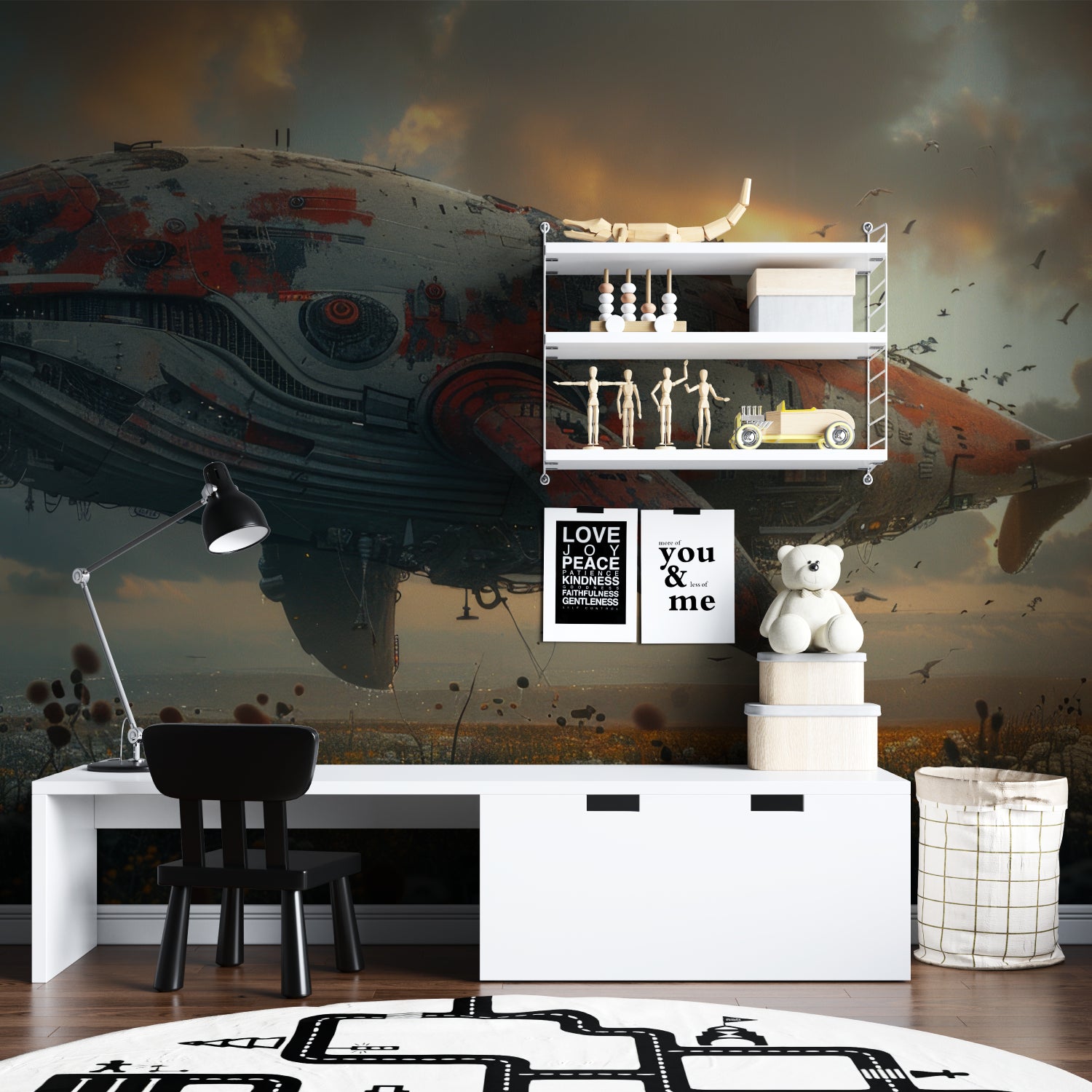 Adventure airplane mural wallpaper showcased in teen bedroom