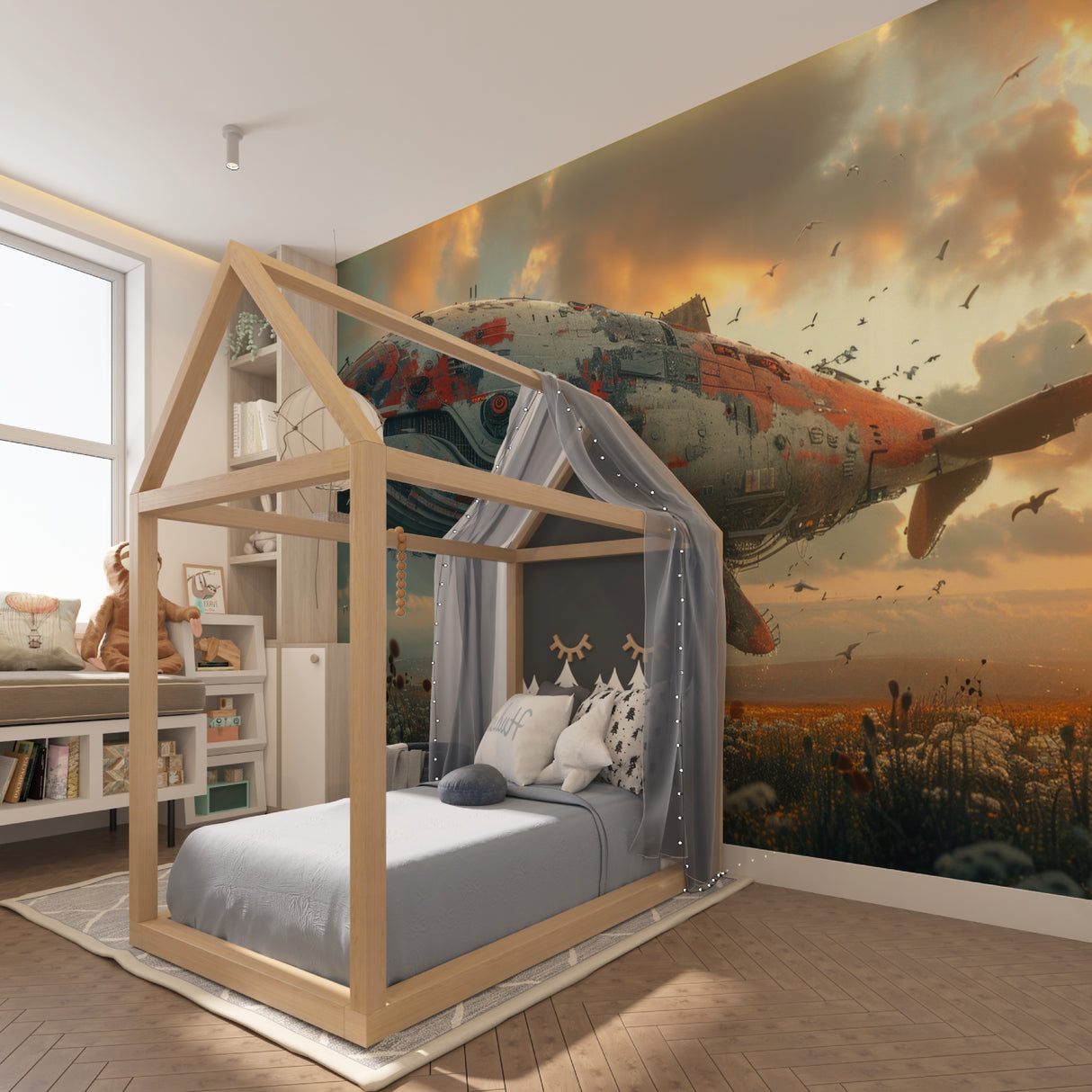 Aircraft wall mural installation in modern dining room with mountain backdrop