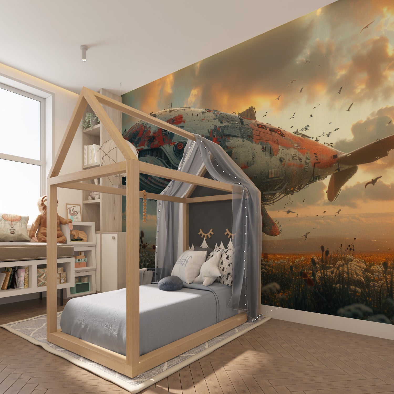 Aircraft wall mural installation in modern dining room with mountain backdrop
