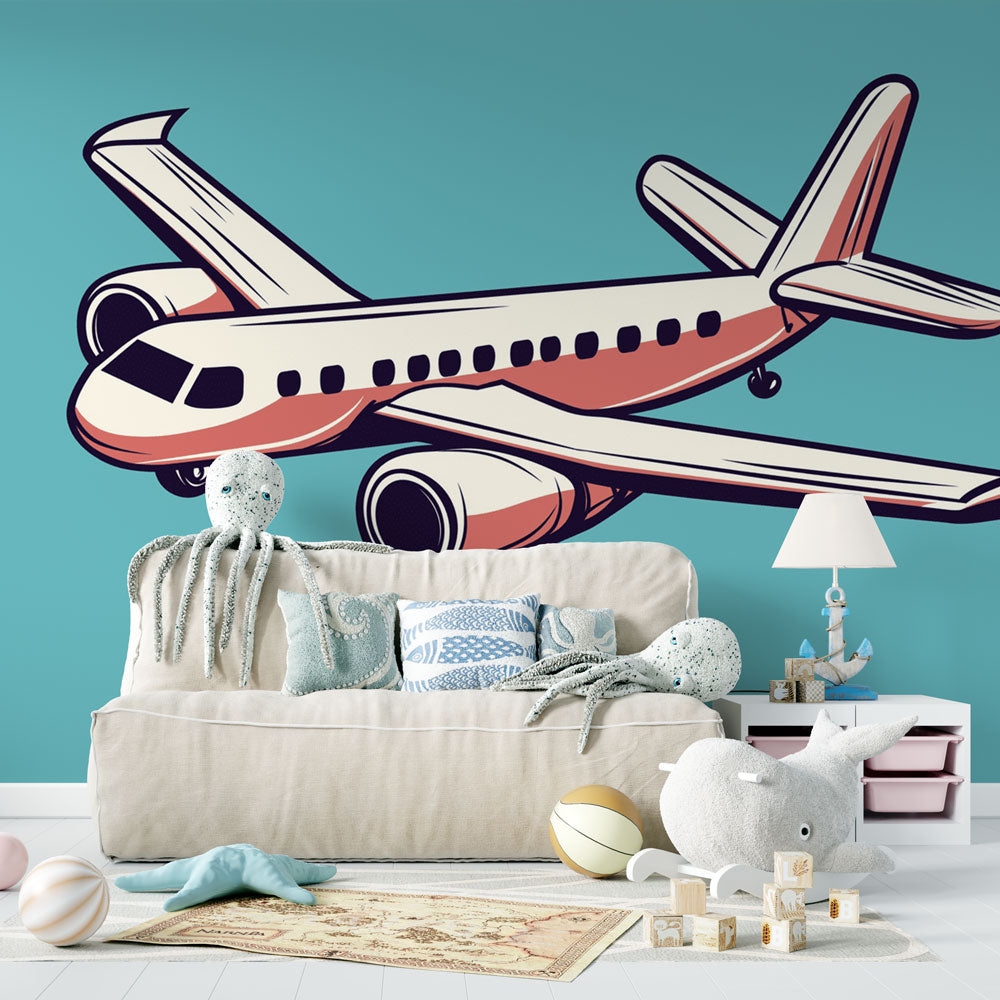Retro Airplane Wallpaper creating a playful atmosphere in a modern nursery with coral and turquoise accents