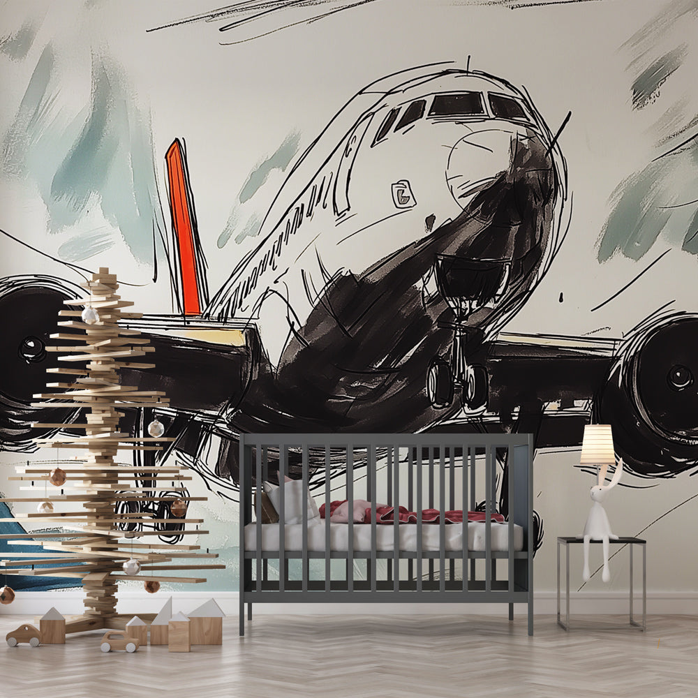Modern Airplane Mural Wallpaper displayed in a bright kid's bedroom, showing sketch-style aviation art against grey-blue background