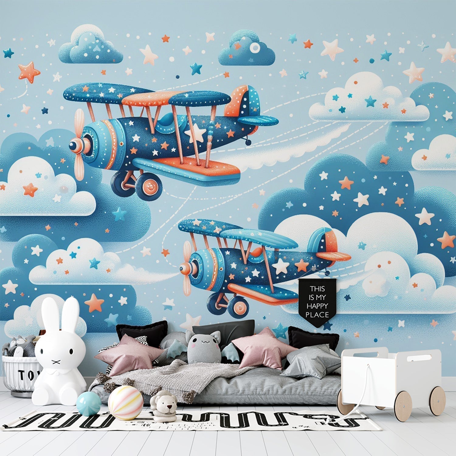 Airplane mural wallpaper bringing adventure to a modern kids bedroom, with vintage-style planes and stars creating a magical atmosphere