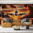 Airplane wallpaper mural in modern bedroom, showing commercial aircraft against warm sunset sky