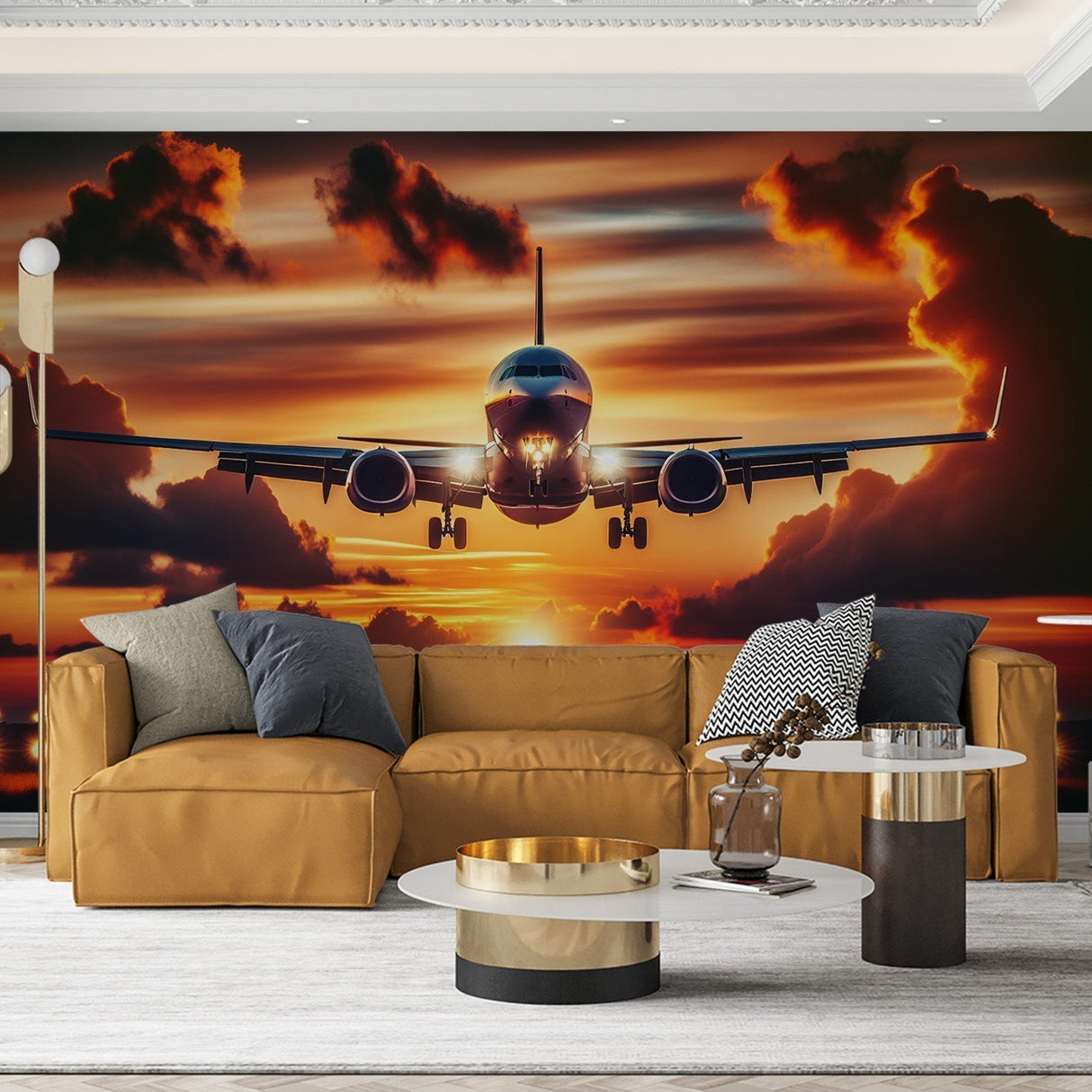 Airplane wallpaper mural in modern bedroom, showing commercial aircraft against warm sunset sky