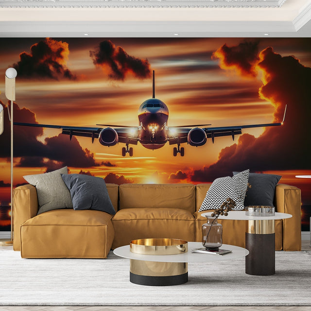 Airplane wallpaper mural in modern bedroom, showing commercial aircraft against warm sunset sky