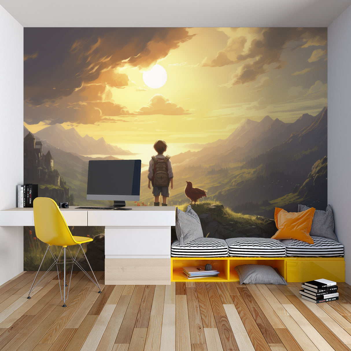 Vintage airplane wallpaper in modern living room, featuring classic biplanes against mountain sunset