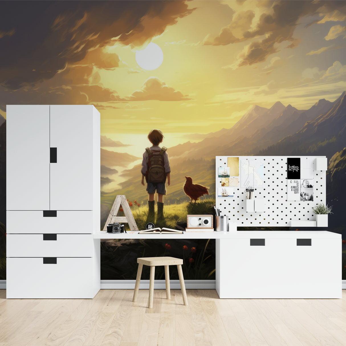 Aviation wall mural bringing adventure to child's bedroom with mountain backdrop