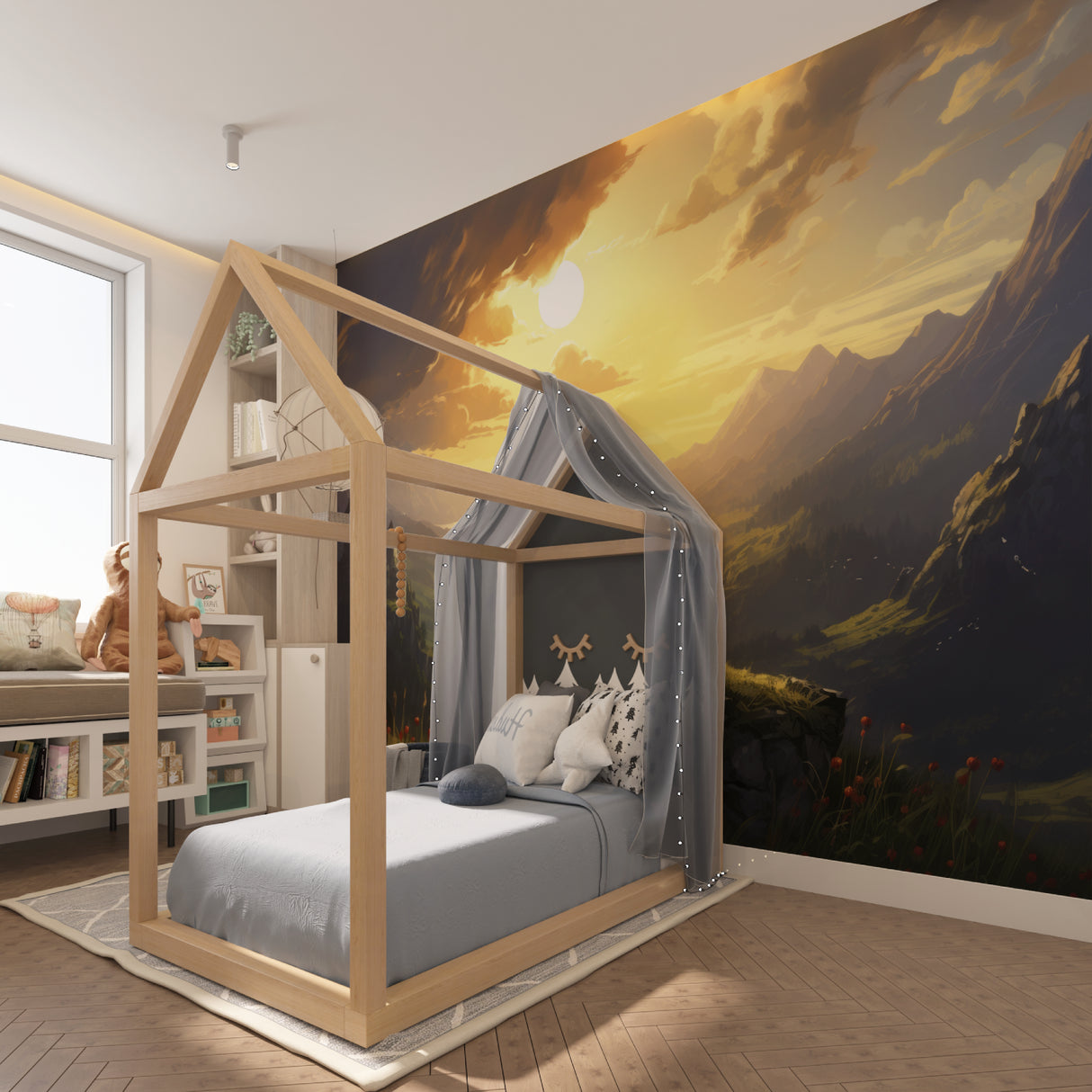 Home office transformed with vintage airplane mountain scene wallpaper