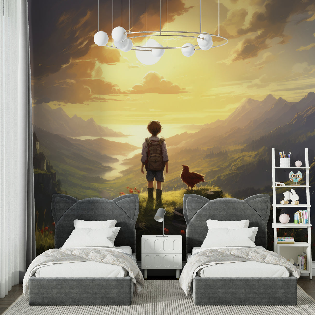 Study room featuring airplane wallpaper with dramatic mountain sunset view