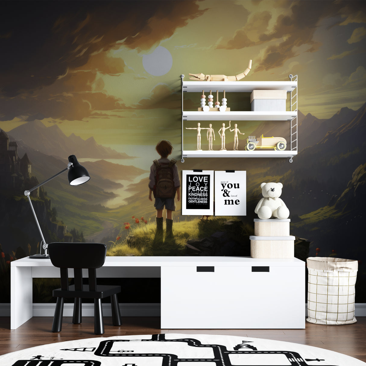 Playroom decorated with vintage aviation wallpaper showing copper biplanes