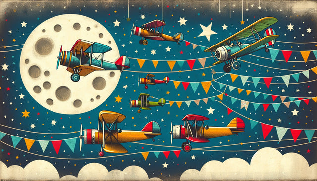 Vintage airplane wallpaper creating a magical atmosphere in a cozy nursery with soft night lighting
