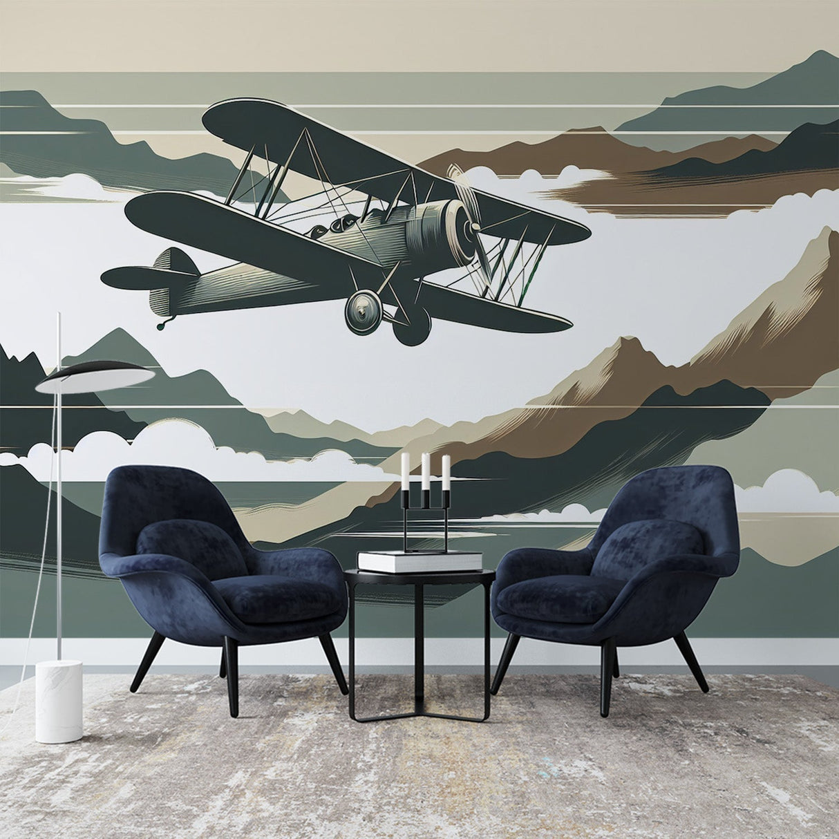 Vintage airplane wallpaper creating a focal point in a modern home office with mountain views and biplane detail
