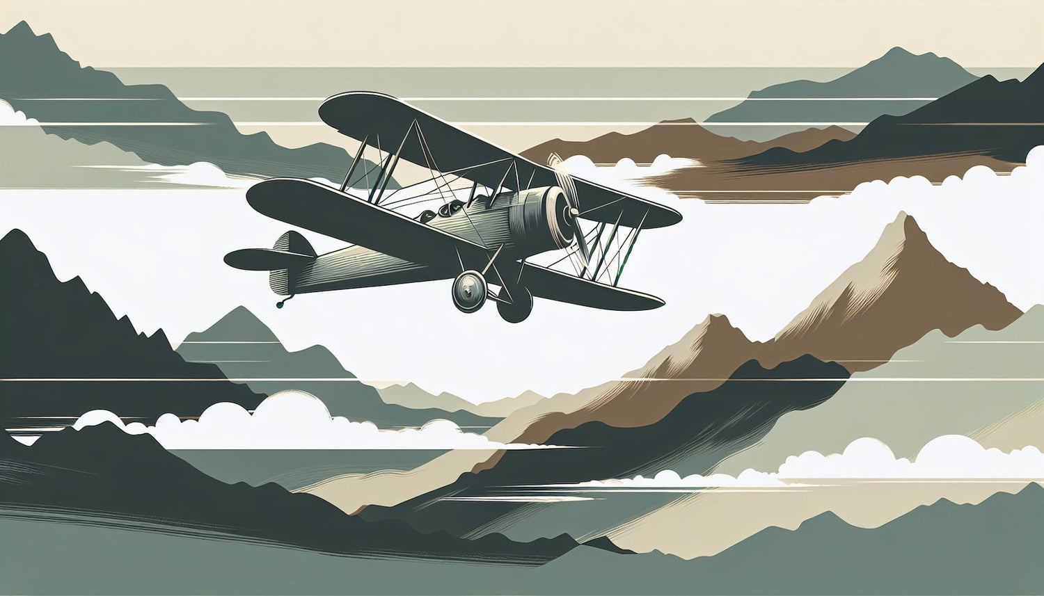 Vintage biplane over mountains design file showing detailed aviation artwork and color palette