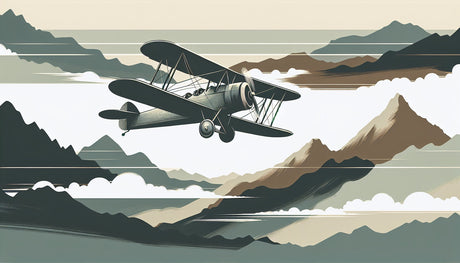 Vintage biplane over mountains design file showing detailed aviation artwork and color palette