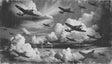 Vintage Airplane wallpaper creating a dramatic focal point in a modern home office with clean lines and minimal decor