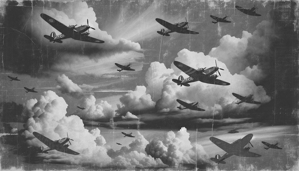 Vintage Airplane wallpaper creating a dramatic focal point in a modern home office with clean lines and minimal decor