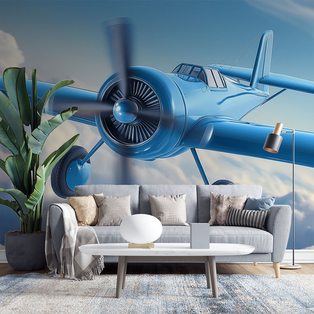 Vintage airplane wallpaper creating a stunning focal point in a modern kid's bedroom with blue and white decor scheme