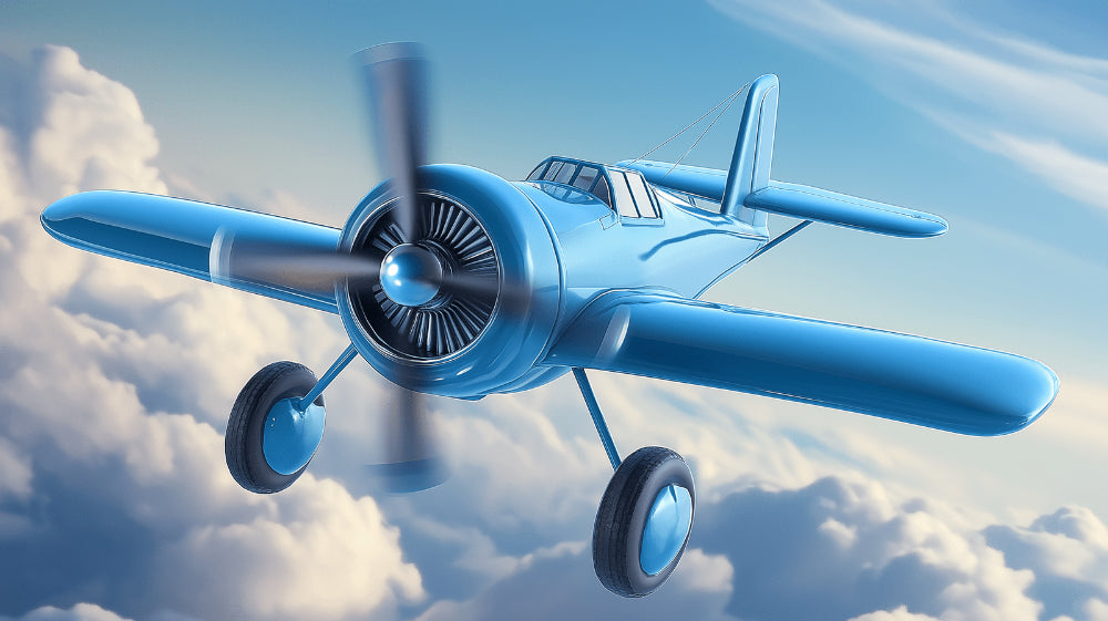 Vintage blue aircraft design file with detailed propeller and cloud elements