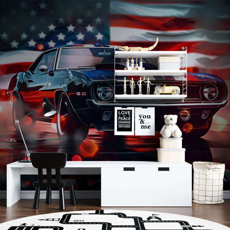 Classic muscle car design transforming a teen bedroom with automotive theme