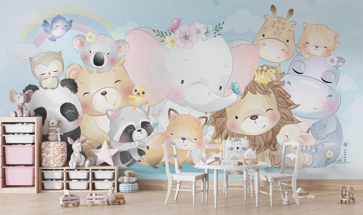 Safari Animal Wallpaper creating a cozy atmosphere in a modern nursery with white furniture