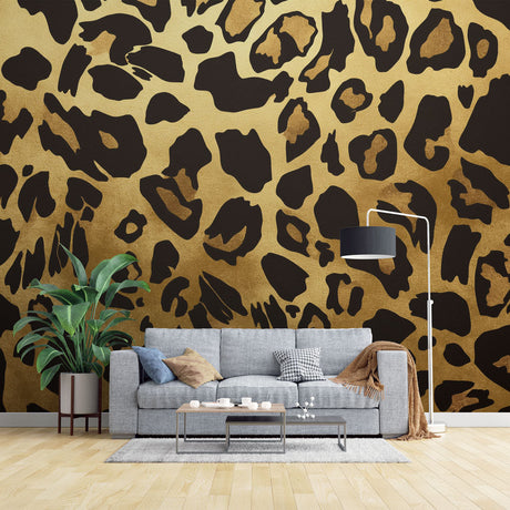 Stunning Gold Leopard Print Wallpaper creating drama in modern living room with plush furniture and ambient lighting