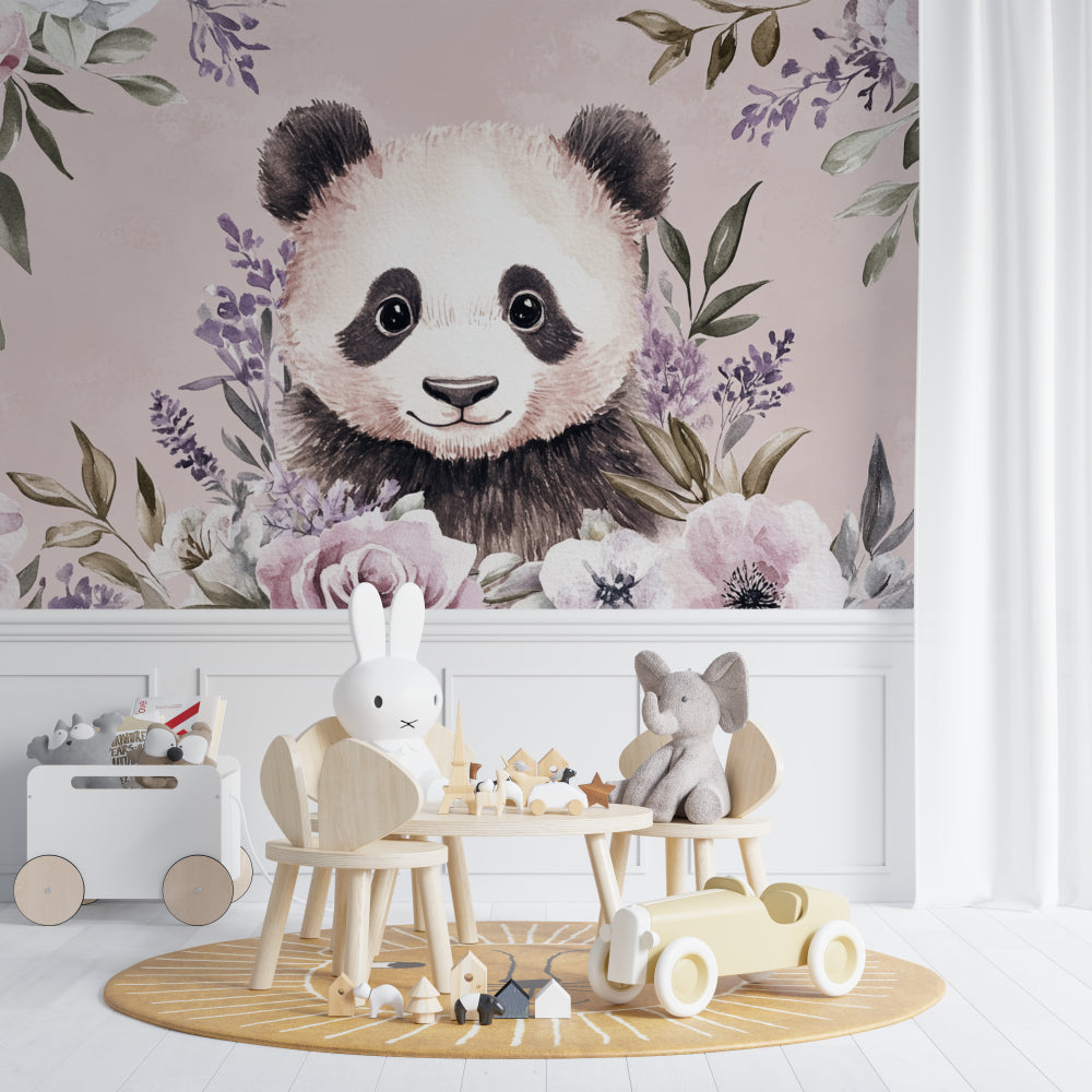 Purple Panda Wallpaper in bright nursery with white furniture showing scale and peaceful atmosphere