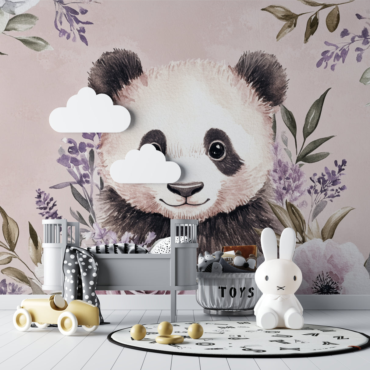 Panda Bear Wallpaper displayed in children's playroom with purple accents