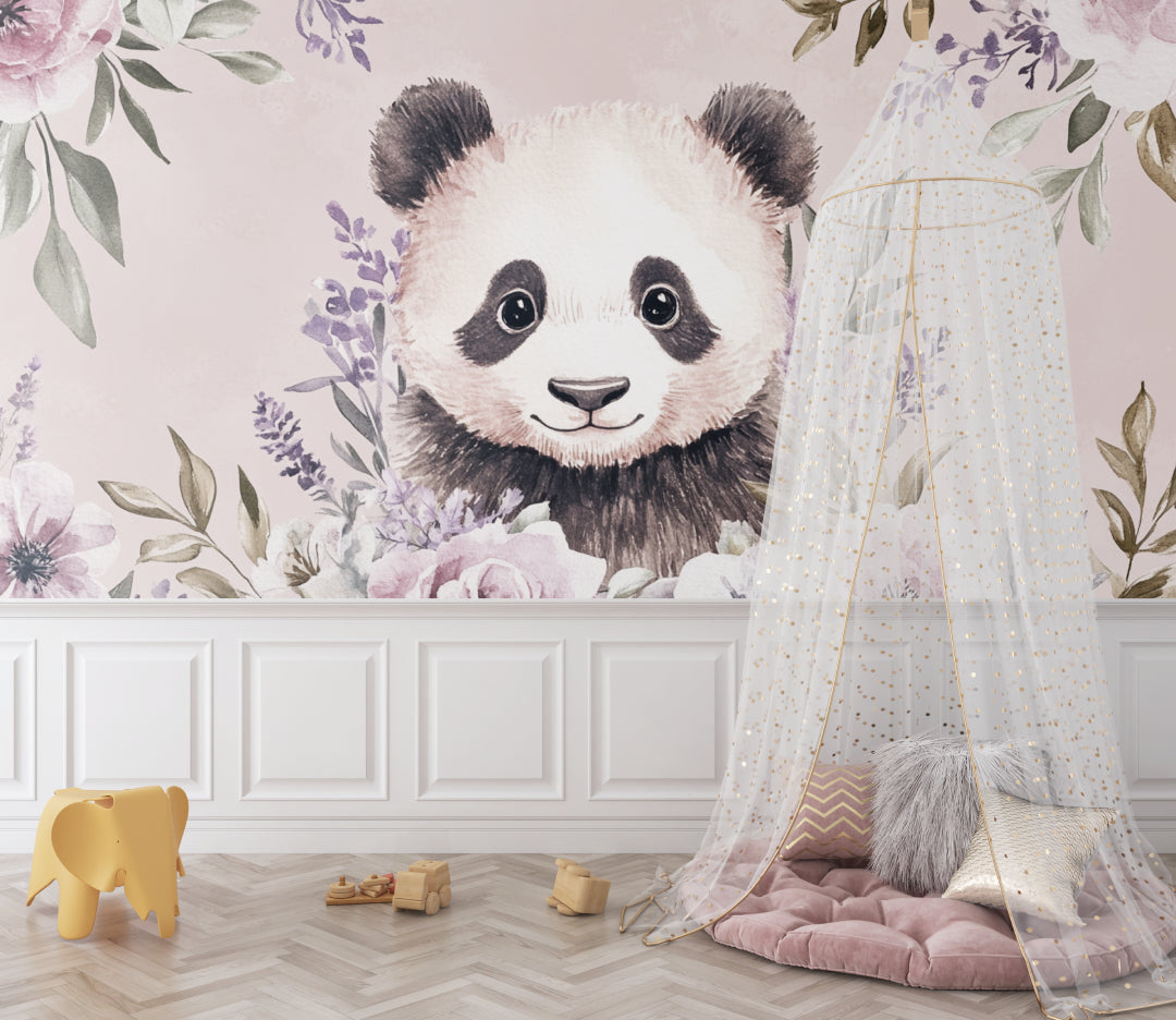 Floral Panda Wallpaper creating focal wall in modern baby room
