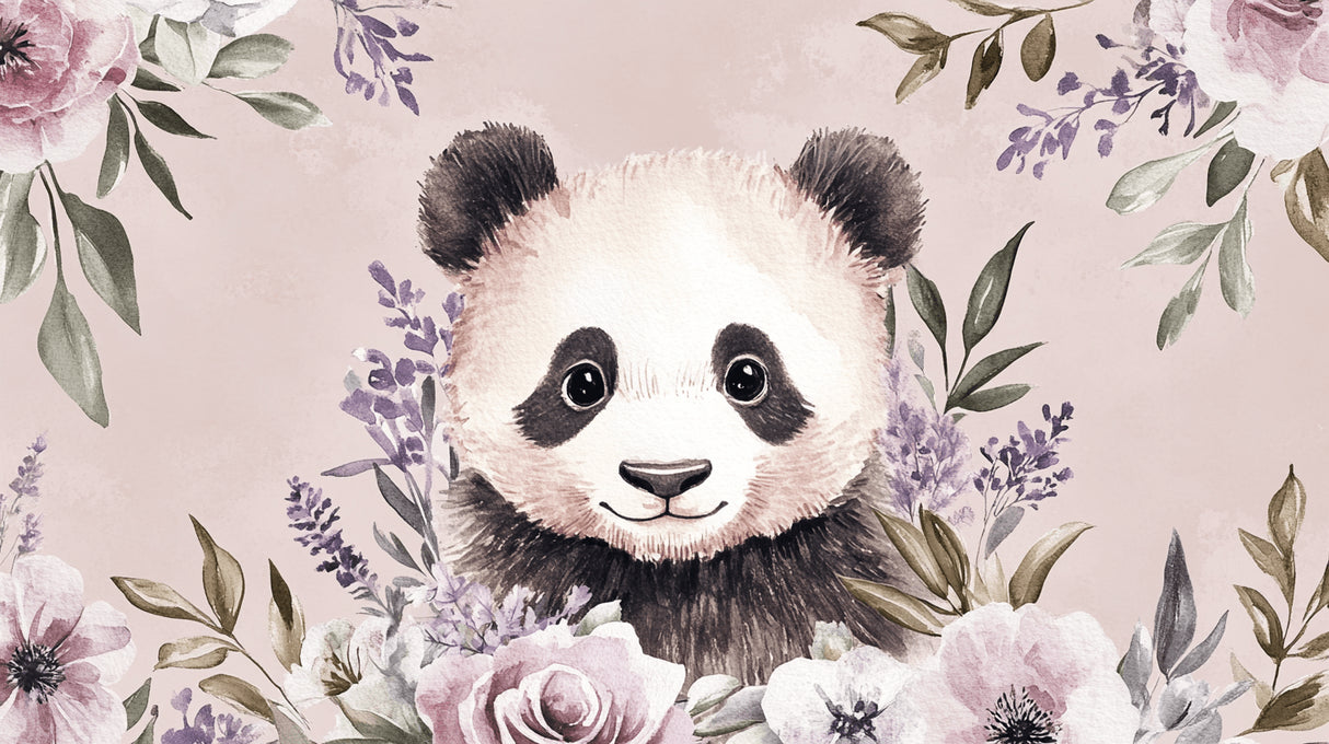 Panda with Purple Flowers Wallpaper design file showing intricate watercolor details and pattern