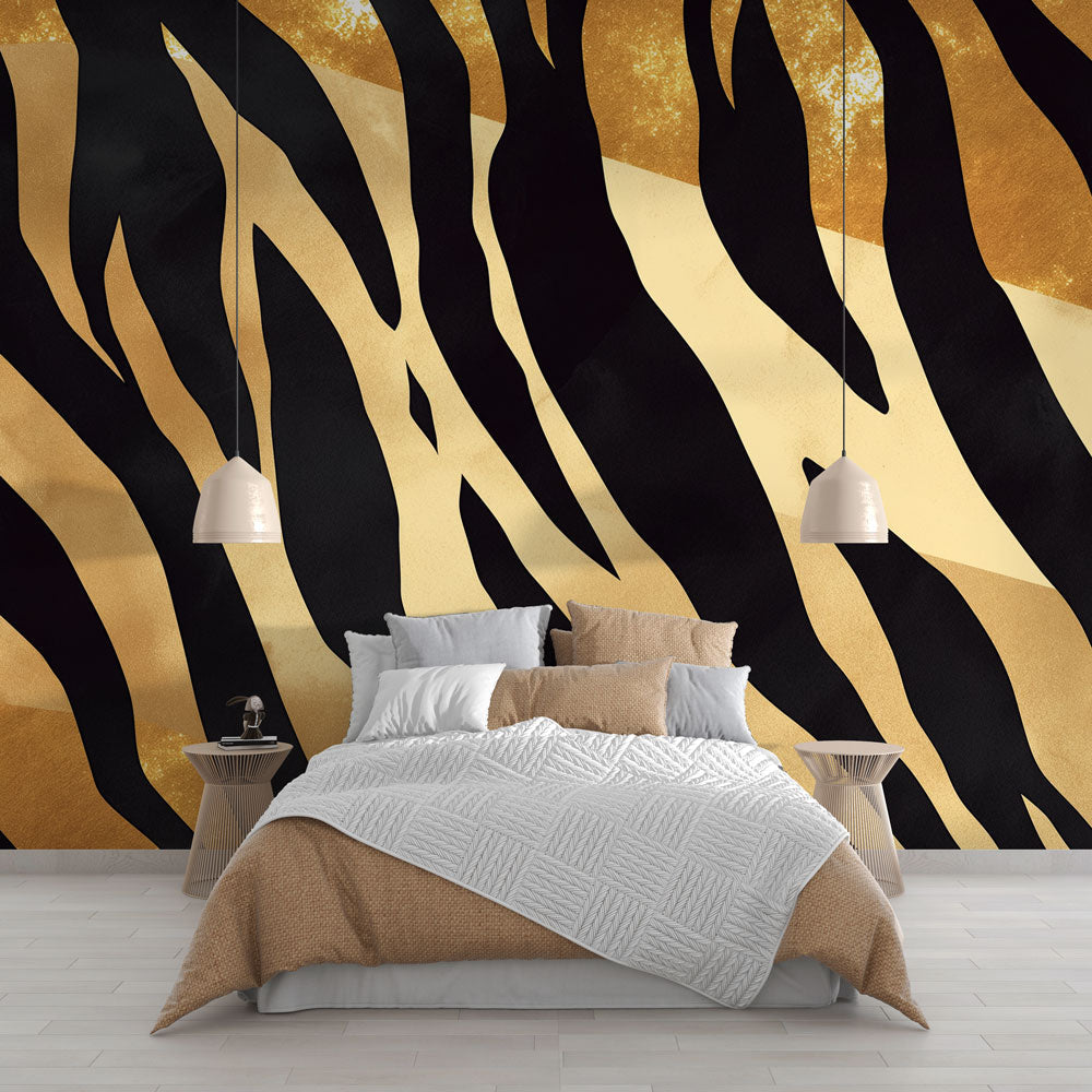 Zebra print wallpaper in gold and black making a stunning statement in a modern living room with minimal furniture