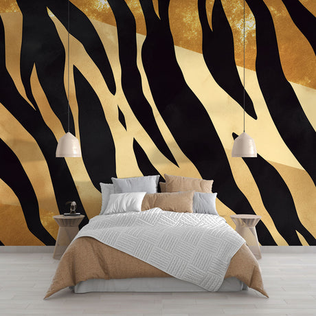 Zebra print wallpaper in gold and black making a stunning statement in a modern living room with minimal furniture