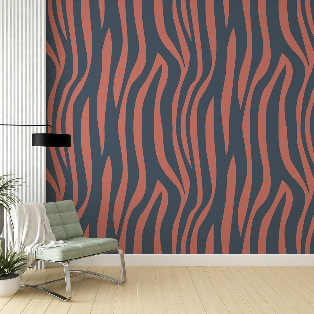Modern zebra print wallpaper in terracotta tones styled in a bright contemporary living room with minimal furniture