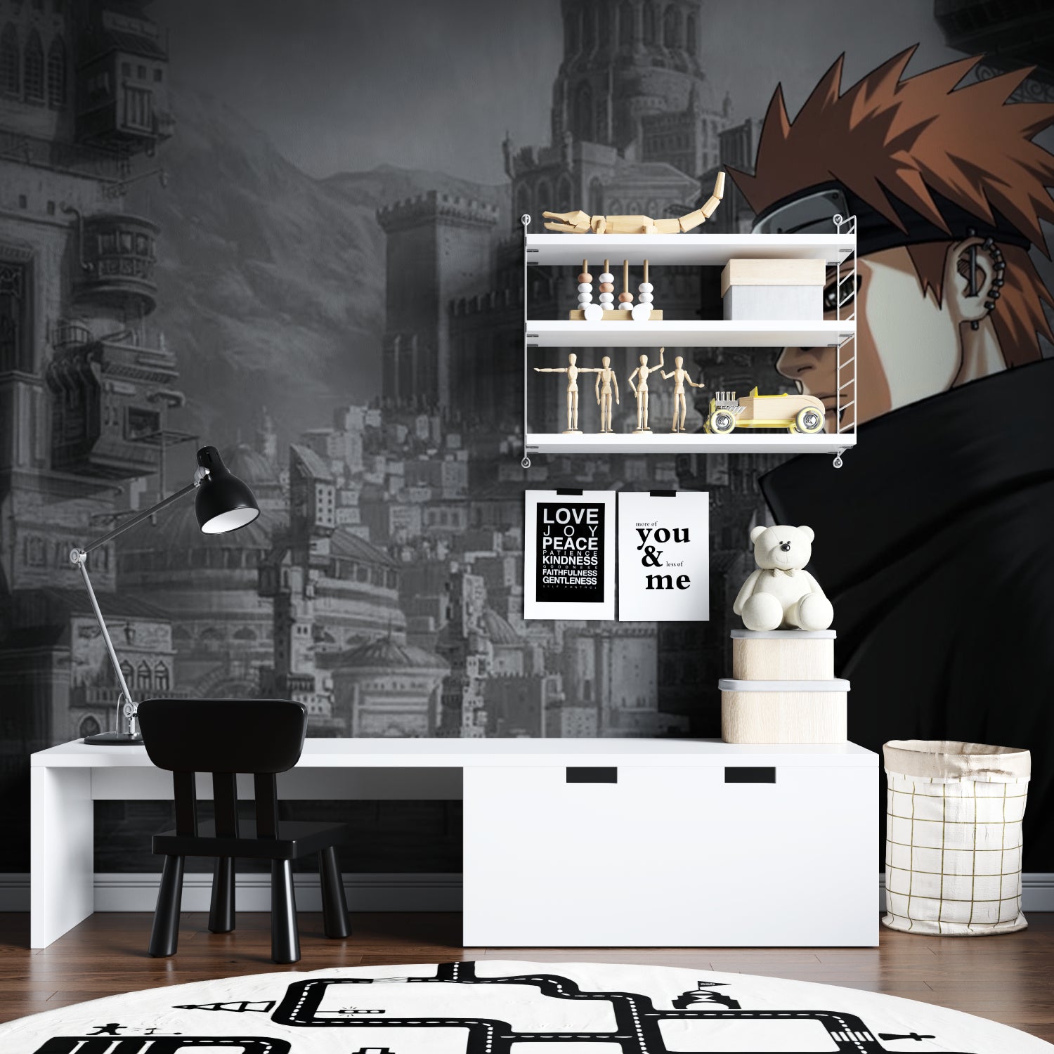 Gothic anime wall mural in gaming room with moody castle design