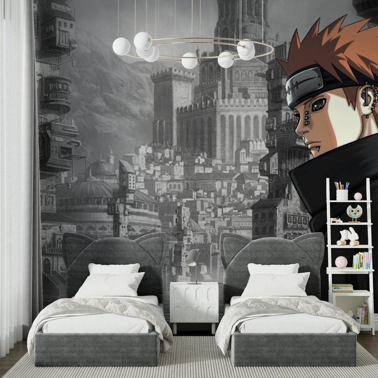 Black and grey anime wallpaper installed in modern bedroom showing full wall impact