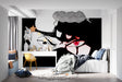 Anime eyes wallpaper mural creating drama in a modern gaming room with black and red accents