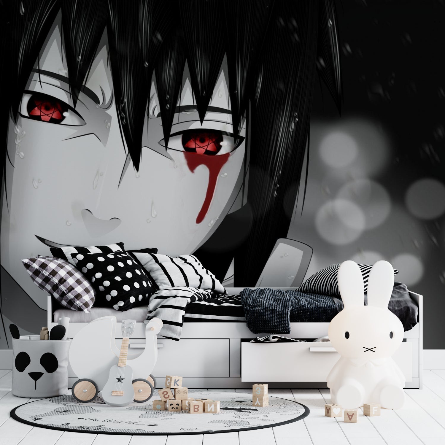 Dramatic anime eyes mural transforming home office space