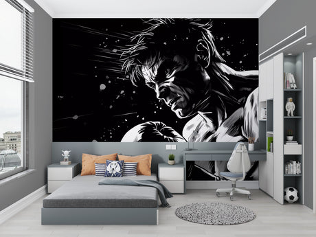 Black and white anime boxing mural in modern teen bedroom showing dynamic motion effects