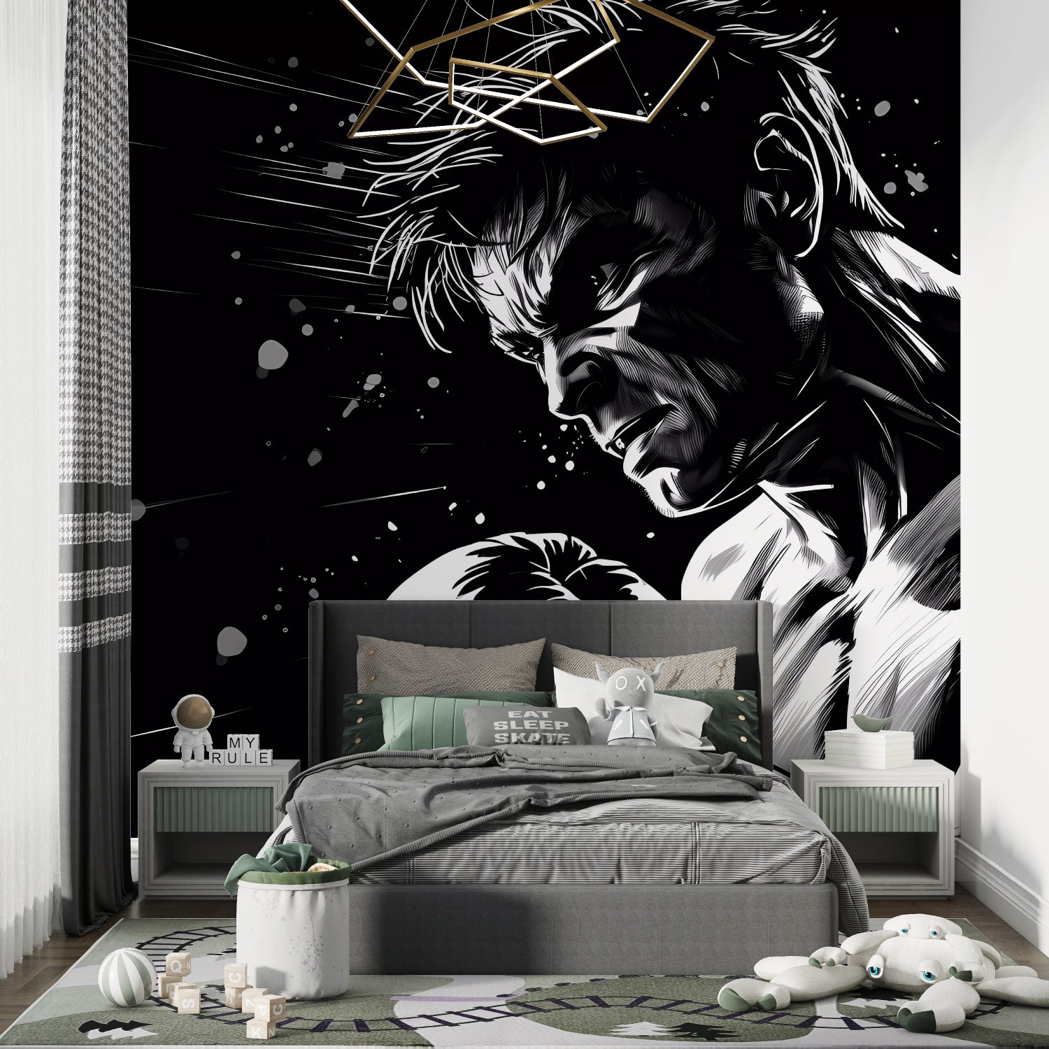 Anime wall design showcased in contemporary studio apartment