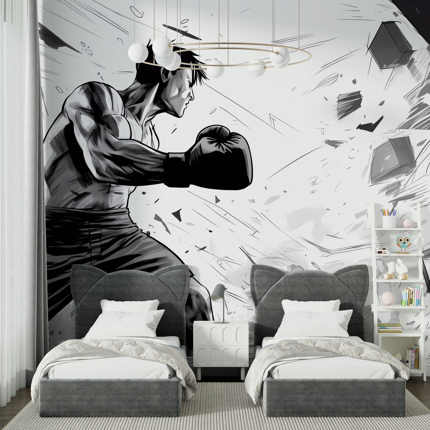 Black and white anime mural in teen bedroom creating motivational atmosphere
