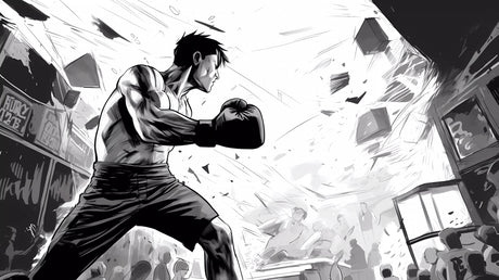 Design file of black and white anime boxing mural showing detailed artwork and pattern