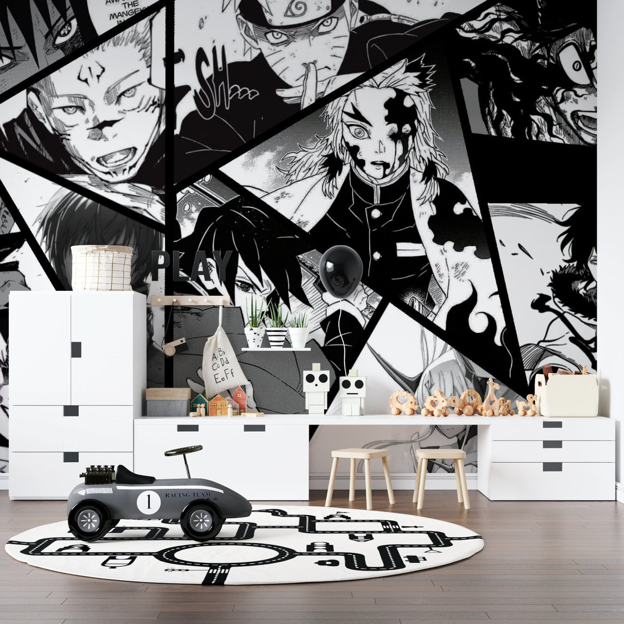 Manga comic wall design bringing character to minimalist study space