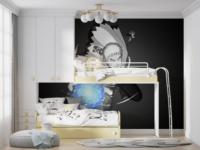 Black and white manga hero wallpaper in modern gaming room creating dramatic focal point