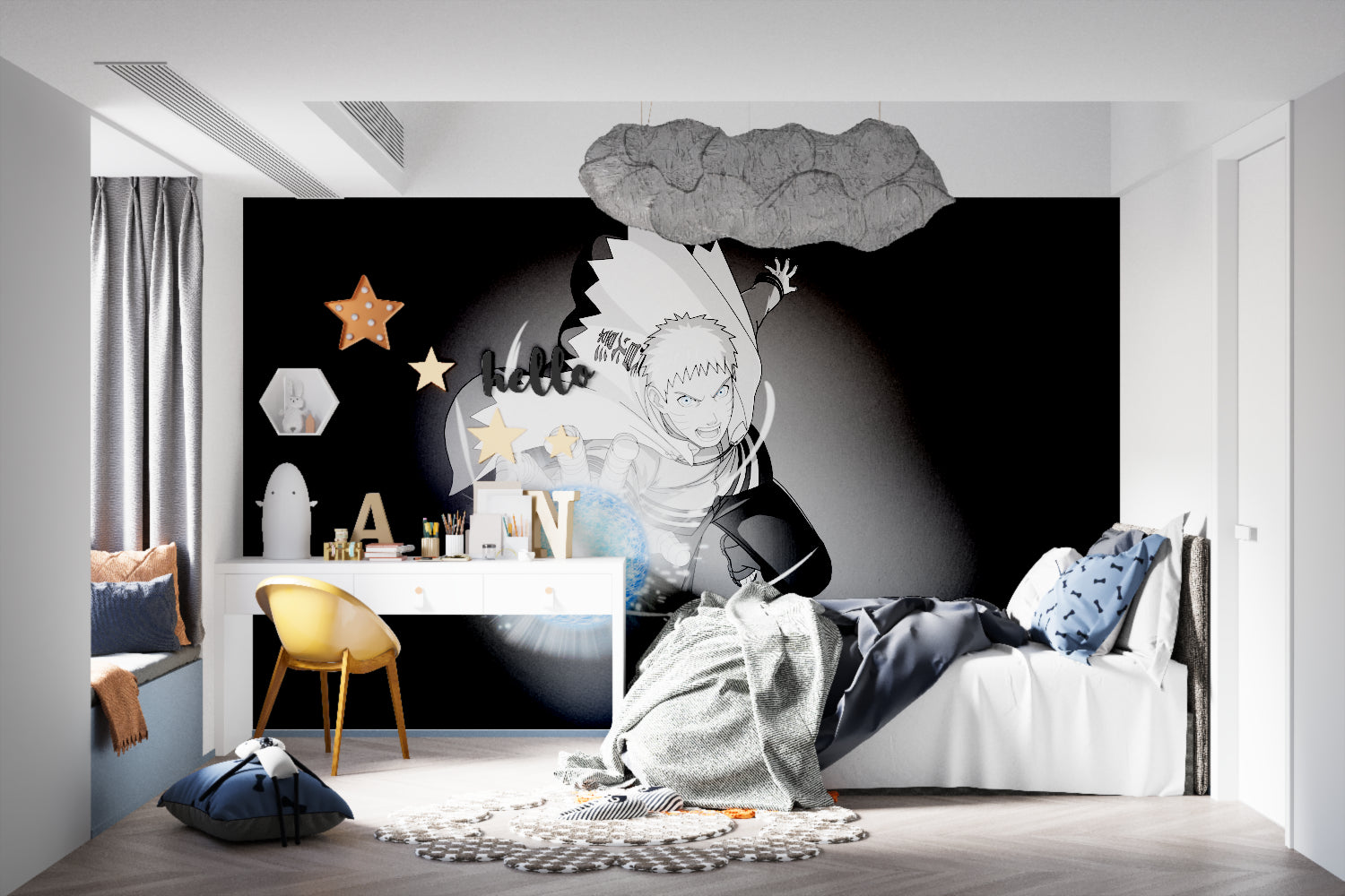 Manga wallpaper design showcased in minimalist living room with dramatic lighting