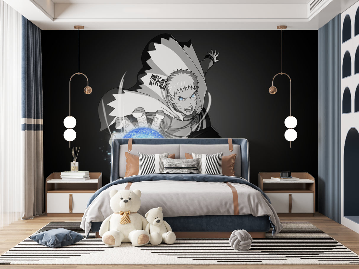 Black and white anime mural making statement in urban style home office setup