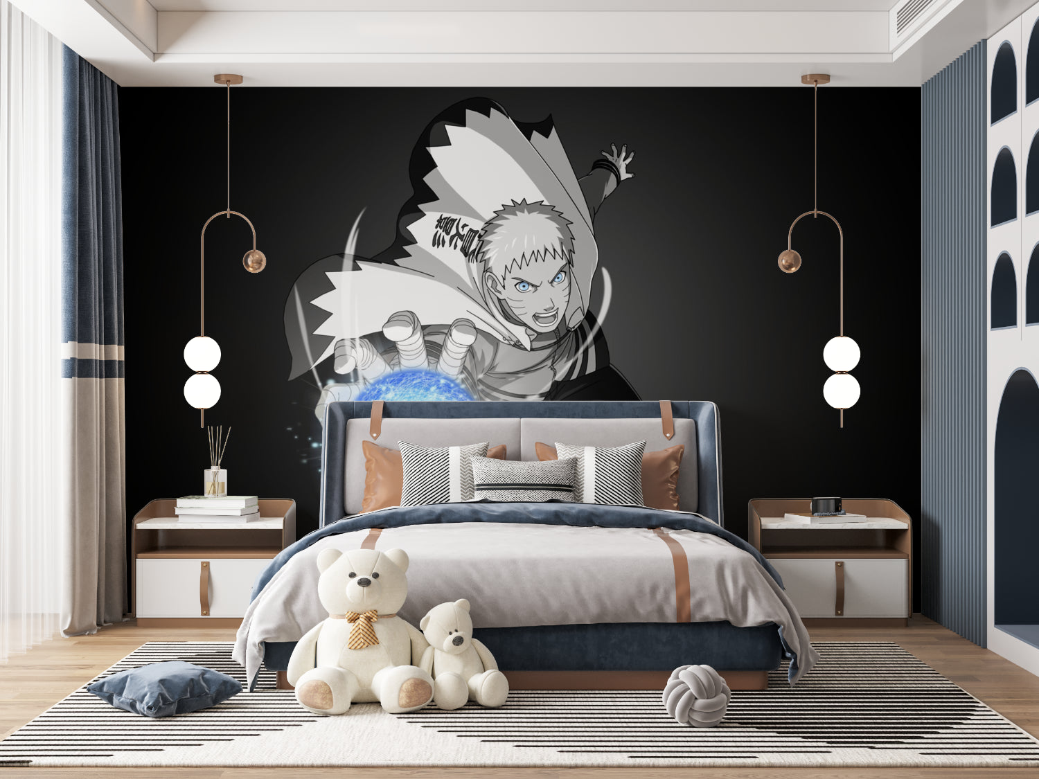 Black and white anime mural making statement in urban style home office setup