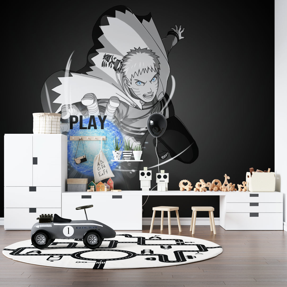 Manga hero wallpaper transforming media room with bold monochromatic aesthetic