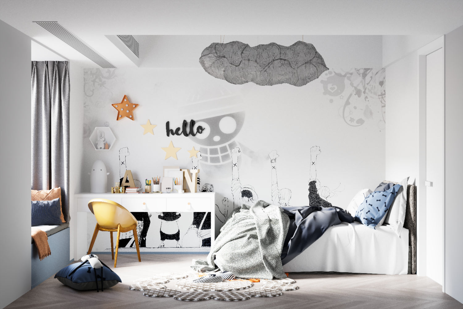 Manga wall mural creating bold statement in gaming room setup