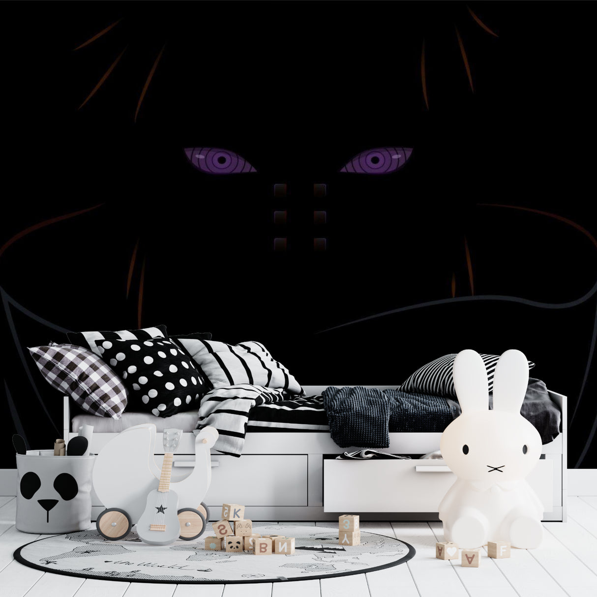 Black anime wall mural featuring purple eyes in a modern teen bedroom setup