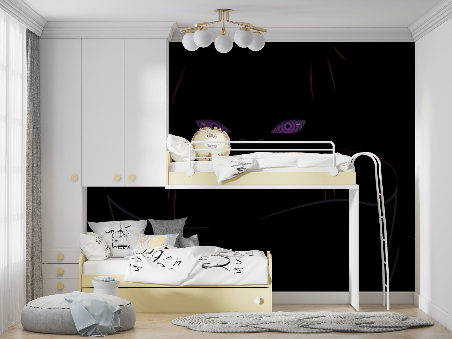 Manga-style purple eyes wallpaper making a bold statement in a dark gaming corner
